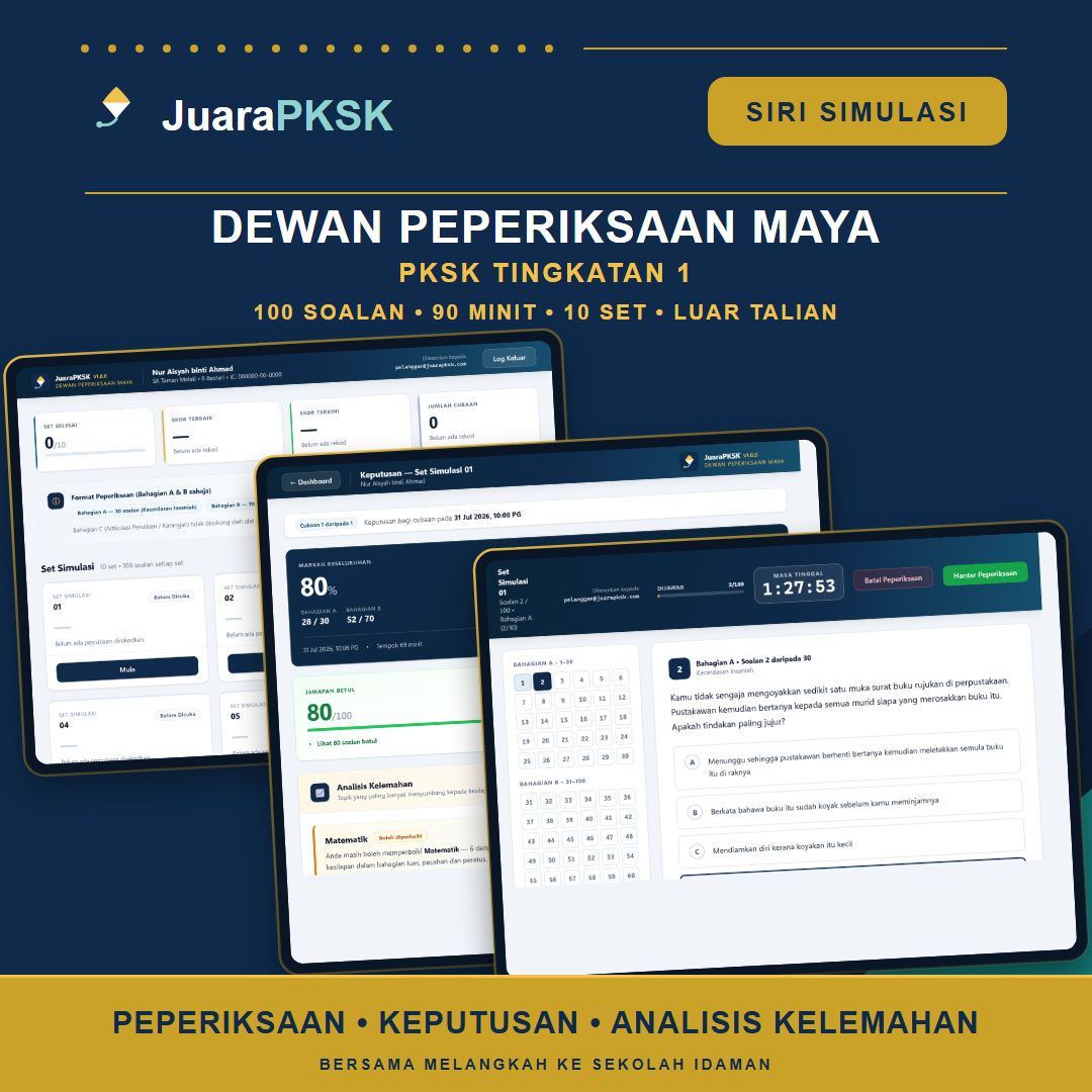 Tiga skrin sebenar app Dewan Peperiksaan Maya — soalan, keputusan dan analisis