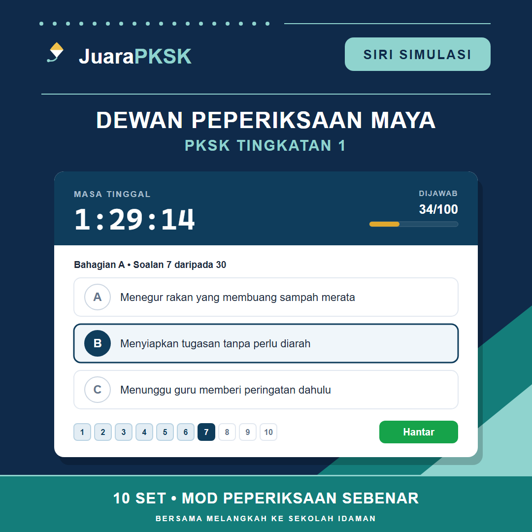 Skrin Dewan Peperiksaan Maya — app simulasi PKSK mod peperiksaan sebenar