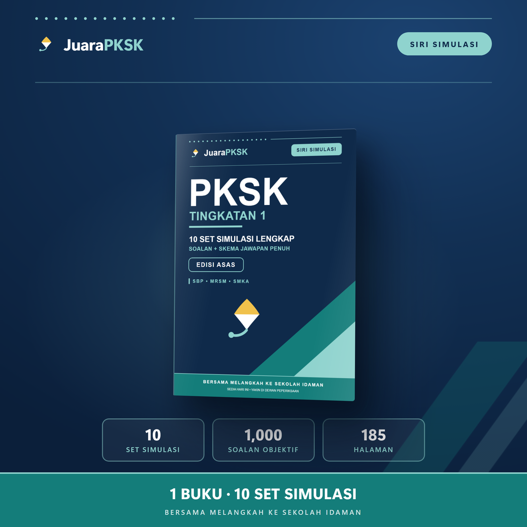 Kulit ebook Edisi Asas Tingkatan 1 — 10 set simulasi PKSK, 1,000 soalan, 185 halaman