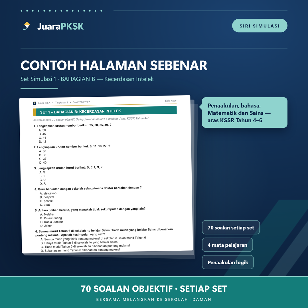 Contoh halaman sebenar Bahagian B PKSK — soalan objektif kecerdasan intelek aras KSSR Tahun 4–6