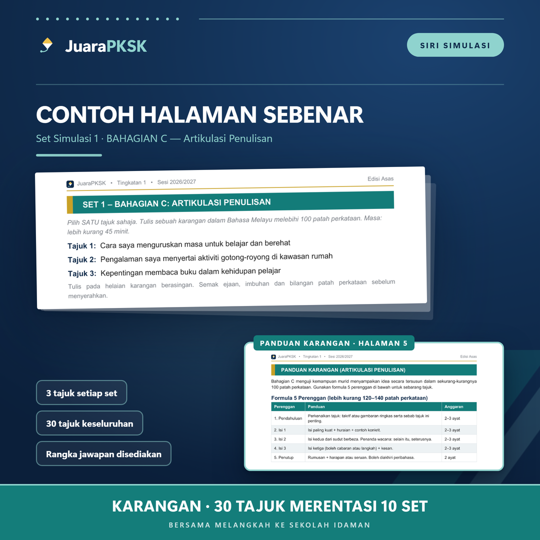 Contoh halaman Bahagian C PKSK — tajuk karangan dan panduan formula 5 perenggan