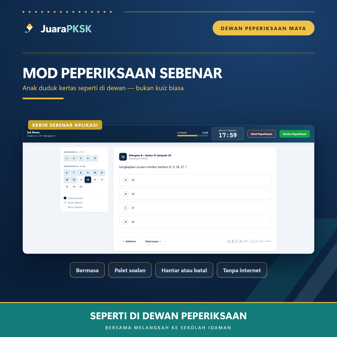 Skrin sebenar aplikasi — mod peperiksaan bermasa dengan palet soalan dan butang hantar