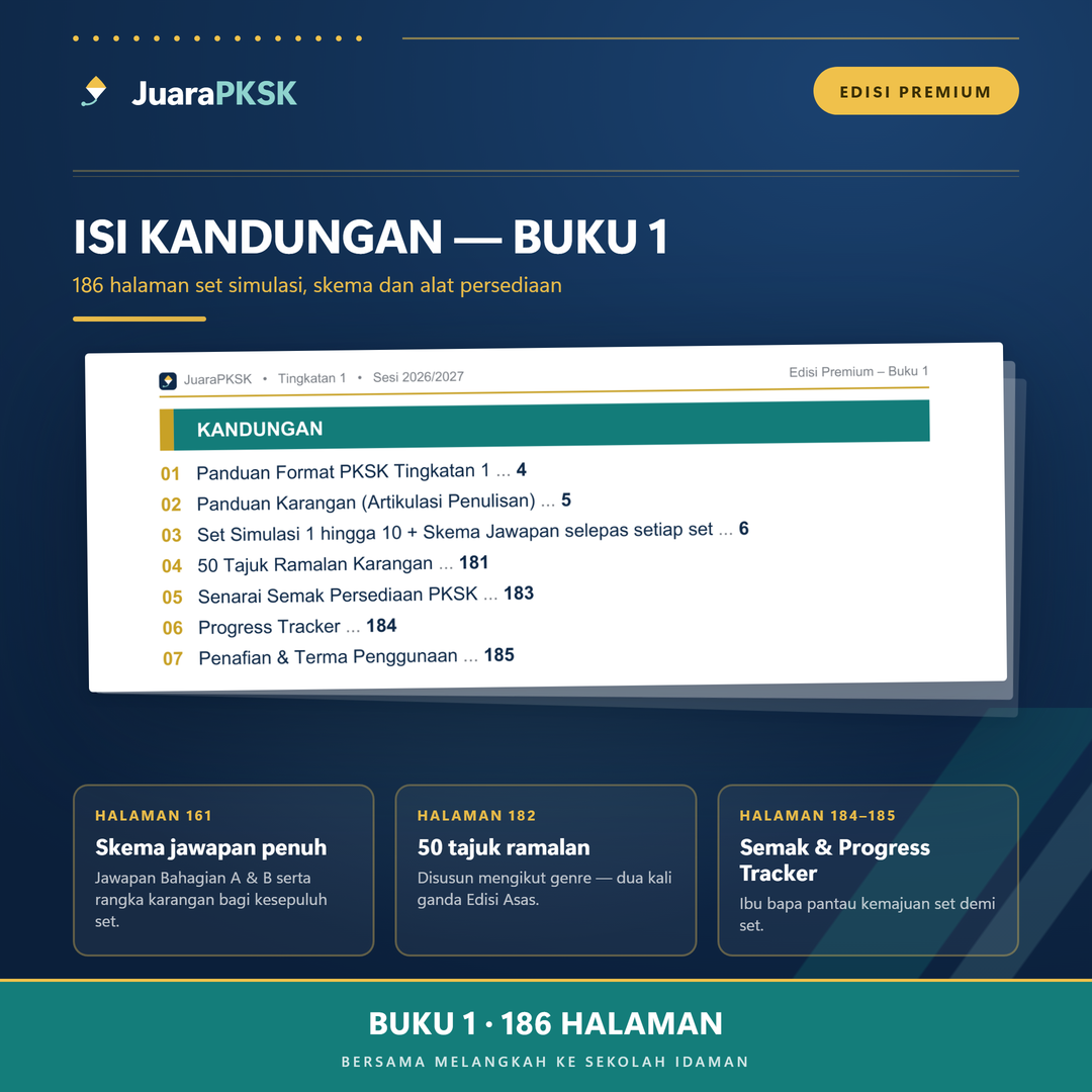 Isi kandungan Buku 1 Edisi Premium — 186 halaman, skema jawapan di bahagian akhir buku, 50 tajuk ramalan