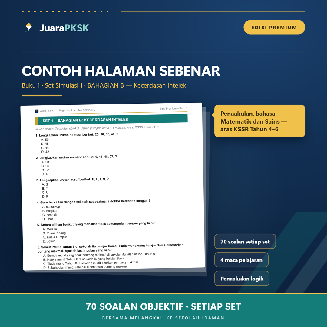 Contoh halaman sebenar Bahagian B — soalan objektif kecerdasan intelek aras KSSR Tahun 4–6