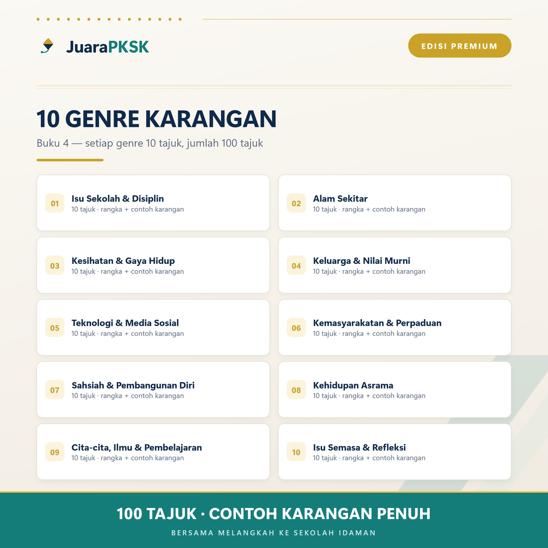 Sepuluh genre karangan Buku 4 — setiap genre 10 tajuk dengan rangka dan contoh karangan