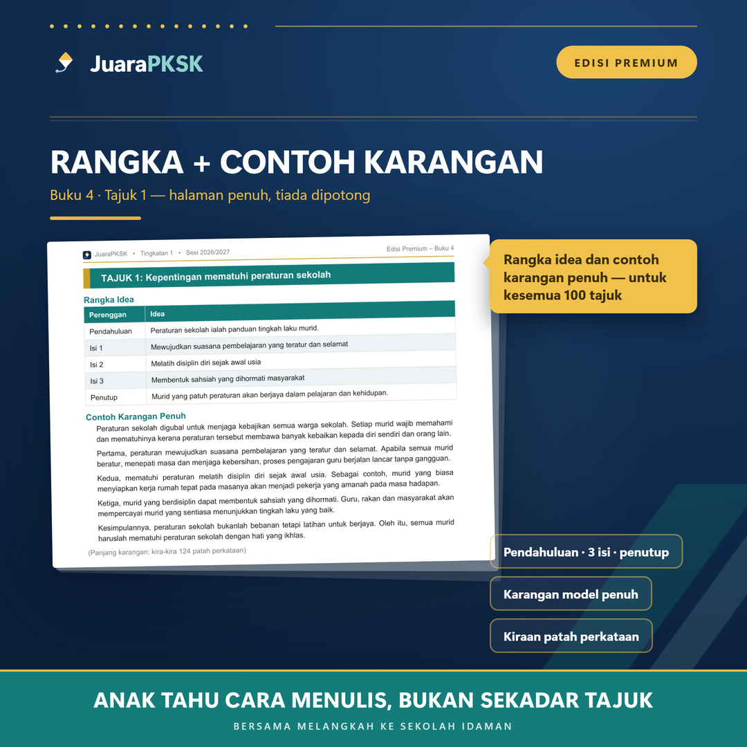 Halaman penuh Buku 4 — rangka idea dan contoh karangan model lengkap dengan kiraan patah perkataan