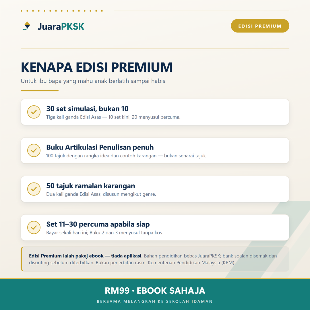 Kenapa Edisi Premium — 30 set simulasi, Buku Artikulasi penuh, 50 tajuk ramalan, set 11–30 percuma